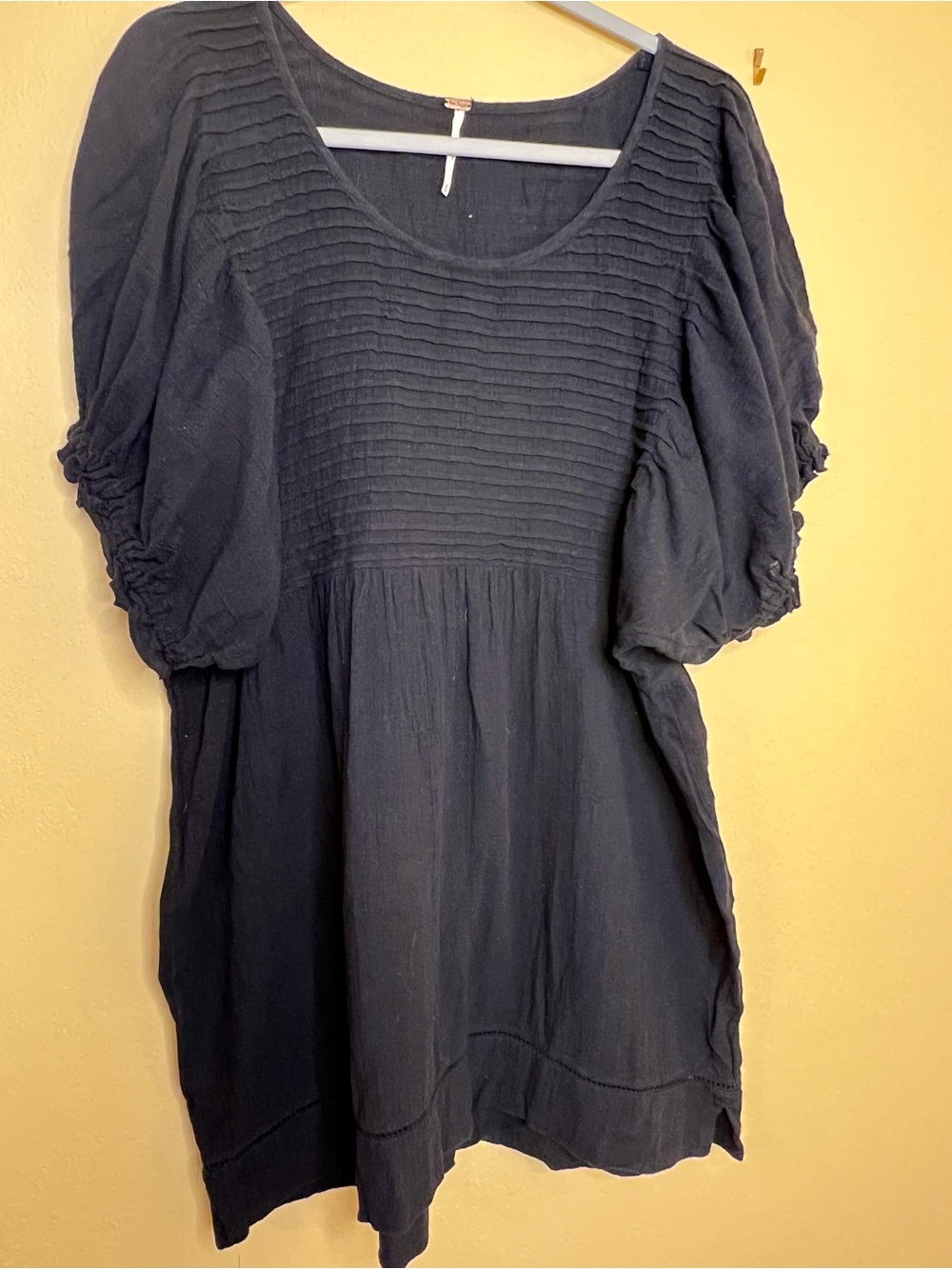Free People Navy Pintuck Puff-Sleeve Mini Dress